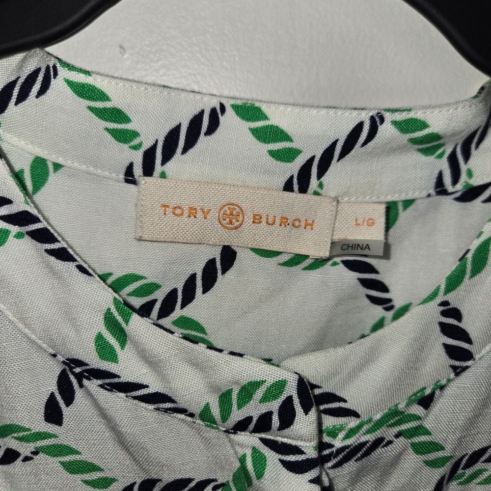 Tory Burch Green White Nautical Rope Print Romper Sleeveless Belted Linen Sz L - Picture 3 of 3